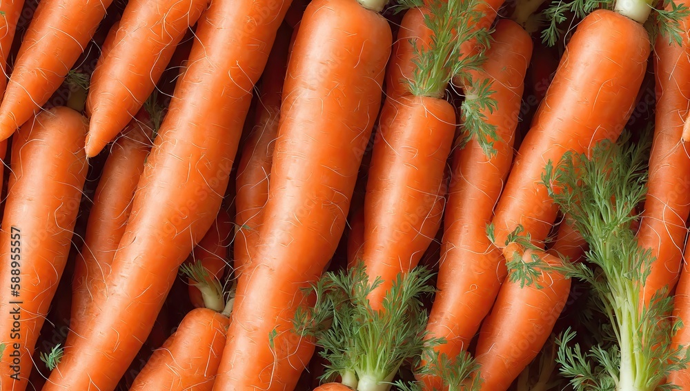 a lot of carrots with green leaves stacked in rows. generative AI a lot of carrots with green leaves stacked in rows. generative AI