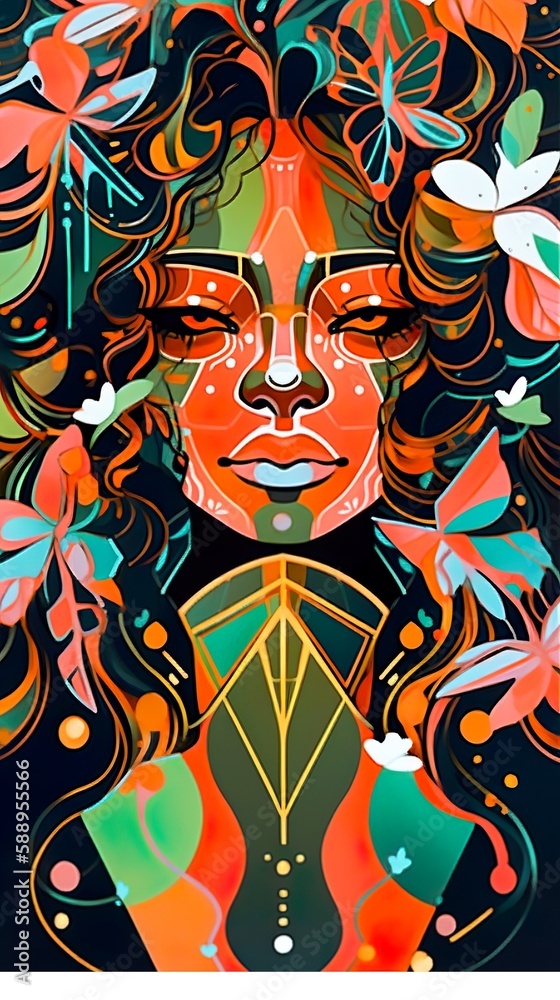 Colorful Beautiful African American woman, gilded, golden, colorful (generative ai)