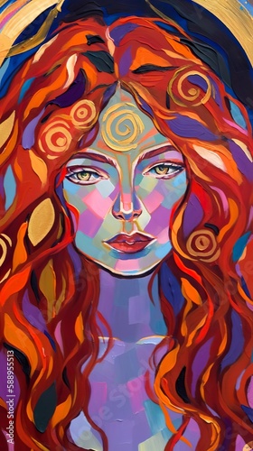 Beautiful redhead woman  gilded and golden accents  generative ai 