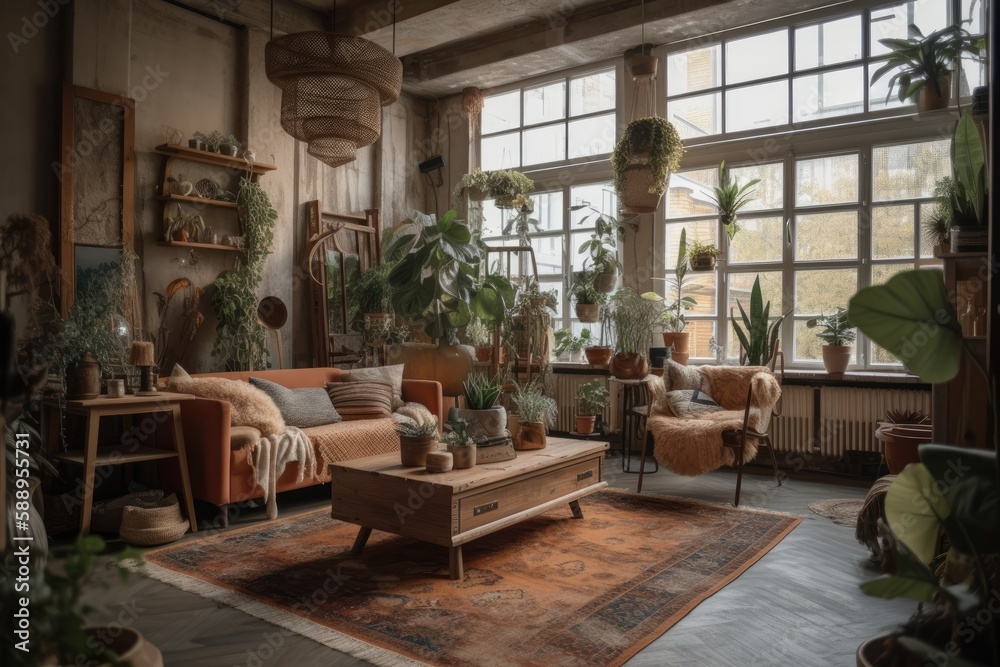 Boho or loft style living room plants. Contemporary home with potted plants. Generative AI Boho or loft style living room plants. Contemporary home with potted plants. Generative AI