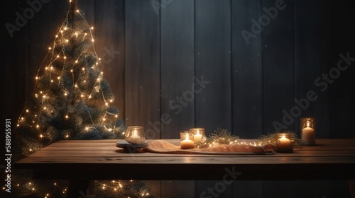 A wood table with a festive Christmas background of Christmas tree and fairy lights