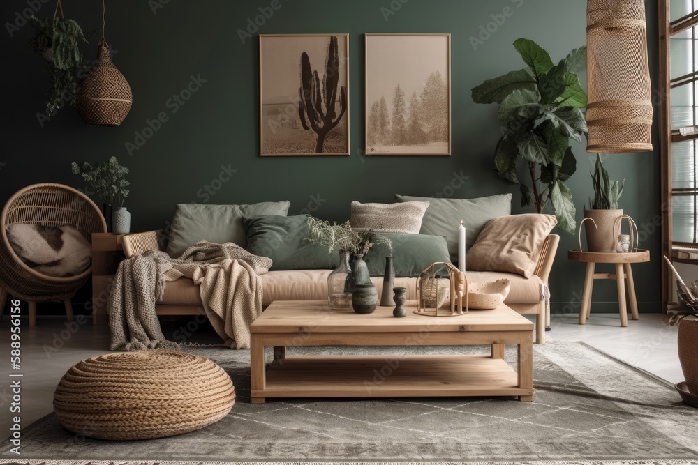 Obraz premium Gray couch, wooden coffee table, cushions, blankets, rattan lamp, cube flowers, basket, and stylish decorations in living room. Interior design. Template. Generative AI
