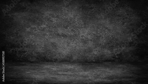 Grunge background. Interior room. Concrete old wall, floor. Product display. 3d rendering. Empty space. For mock up, showcase, design. Stage. Dark gray. Spotlight. Horror creepy.Dirty, broken, cracked