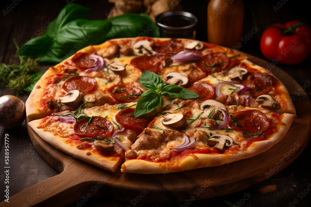 Delicious Salami and Mushroom Pizza on Wooden Board