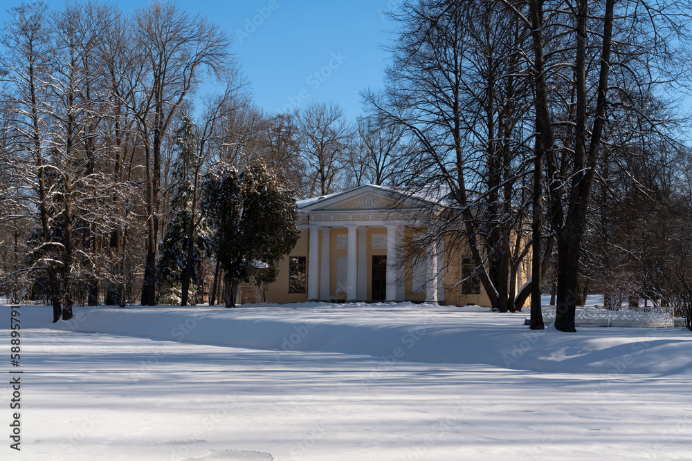View of the Concert Hall pavilion in the Catherine Park of Tsarskoye Selo on a sunny winter day, Pushkin, St. Petersburg, Russia View of the Concert Hall pavilion in the Catherine Park of Tsarskoye Selo on a sunny winter day, Pushkin, St. Petersburg, Russia