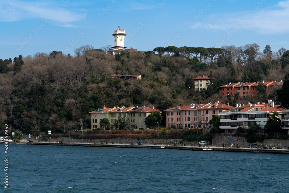The neighbourhood on the Asian side of the Bosphorus strait Kanlıca in the Beykoz district of Istanbul Province and the Khedive Palace on a sunny day, Istanbul, Turkey