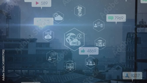 Wallpaper Mural Animation of social media icons and digital icons spinning against aerial view of cityscape Torontodigital.ca