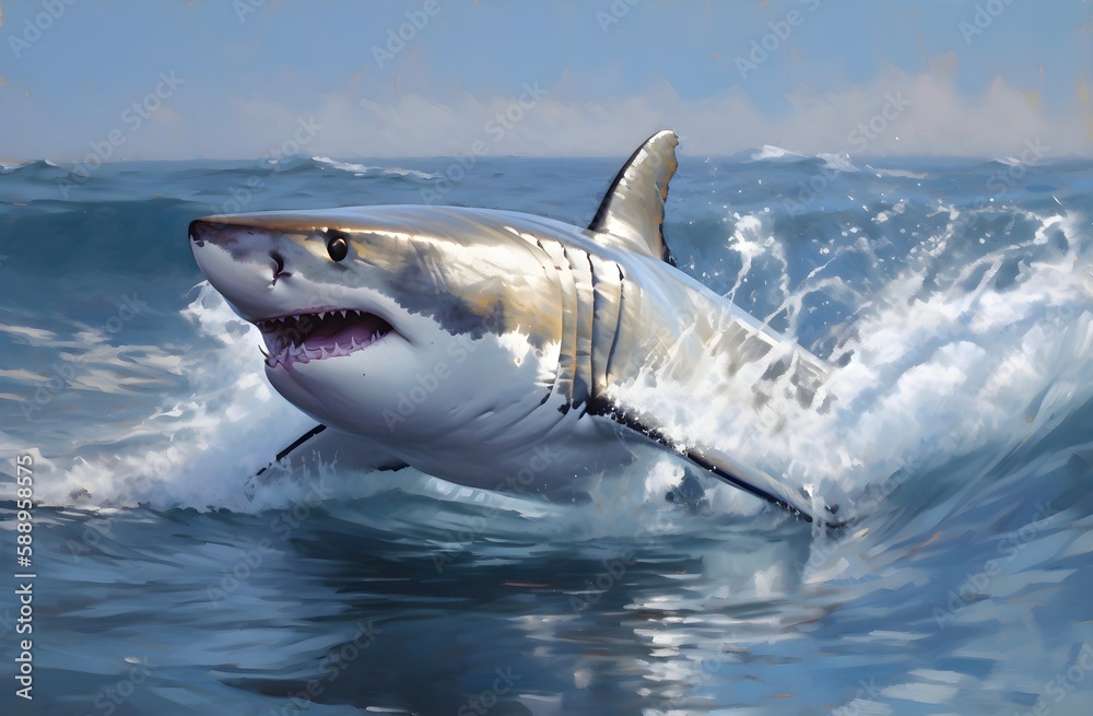 Naklejka premium Great White Shark jumping out of the water | Aquatic Animal illustrations/backgrounds/wallpapers/portraits |
