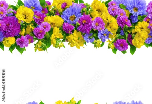 a web banner made up of colorful flowers against white background with a blank space.