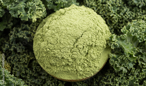 A Bowl of Green Kale Powder on Bed of Kale Leaves