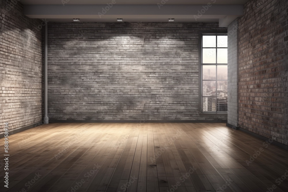 Interior of loft with wooden floor and gray brick wall that is empty. mock up for an illustration. Generative AI