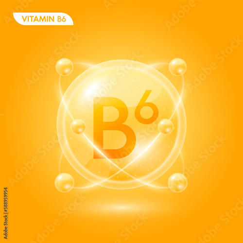 Orange vitamin B6 solution. Substance for beauty cosmetic with chemical formula from nature. Collagen serum and hyaluronic acid skincare. Medical scientific concept. 3D Realistic Vector.