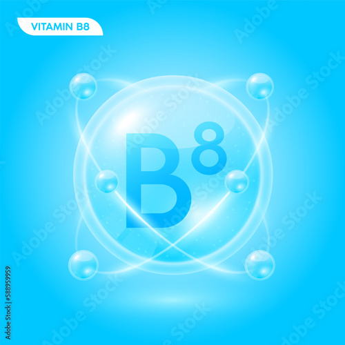 Blue vitamin B8 solution. Substance for beauty cosmetic with chemical formula from nature. Collagen serum and hyaluronic acid skincare. Medical scientific concept. 3D Realistic Vector.