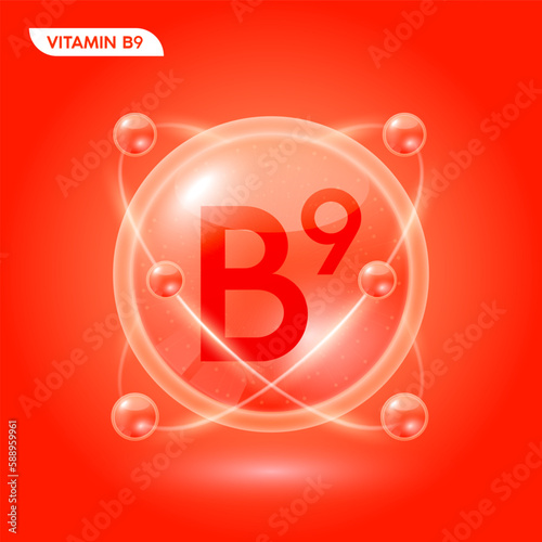 Red vitamin B9 solution. Substance for beauty cosmetic with chemical formula from nature. Collagen serum and hyaluronic acid skincare. Medical scientific concept. 3D Realistic Vector.