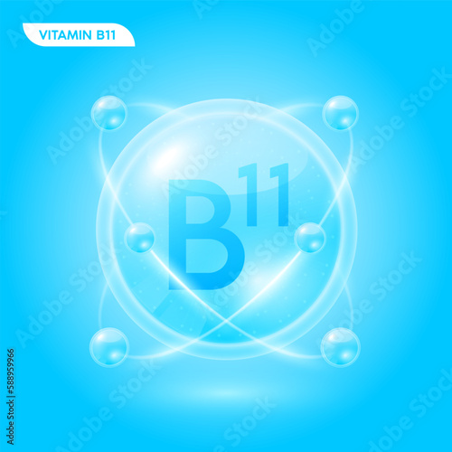 Blue vitamin B11 solution. Substance for beauty cosmetic with chemical formula from nature. Collagen serum and hyaluronic acid skincare. Medical scientific concept. 3D Realistic Vector.