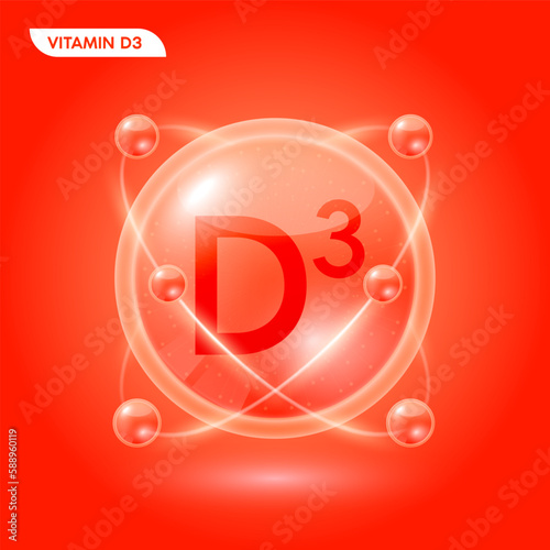 Red vitamin D3 solution. Substance for beauty cosmetic with chemical formula from nature. Collagen serum and hyaluronic acid skincare. Medical scientific concept. 3D Realistic Vector.