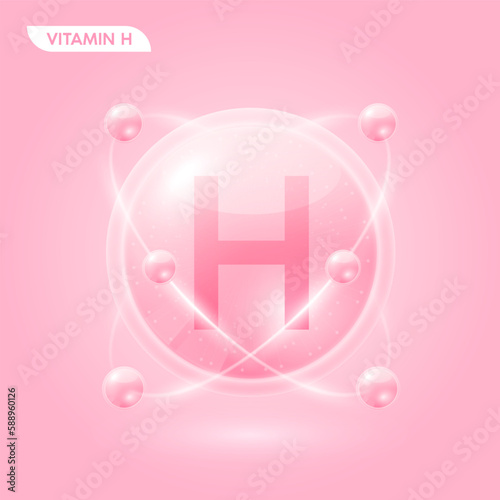Pink vitamin H solution. Substance for beauty cosmetic with chemical formula from nature. Collagen serum and hyaluronic acid skincare. Medical scientific concept. 3D Realistic Vector.