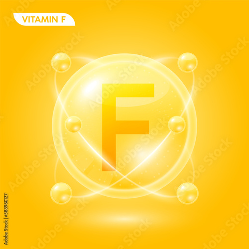 Yellow vitamin F solution. Substance for beauty cosmetic with chemical formula from nature. Collagen serum and hyaluronic acid skincare. Medical scientific concept. 3D Realistic Vector.