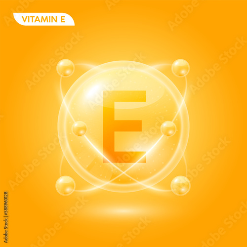 Orange vitamin E solution. Substance for beauty cosmetic with chemical formula from nature. Collagen serum and hyaluronic acid skincare. Medical scientific concept. 3D Realistic Vector.