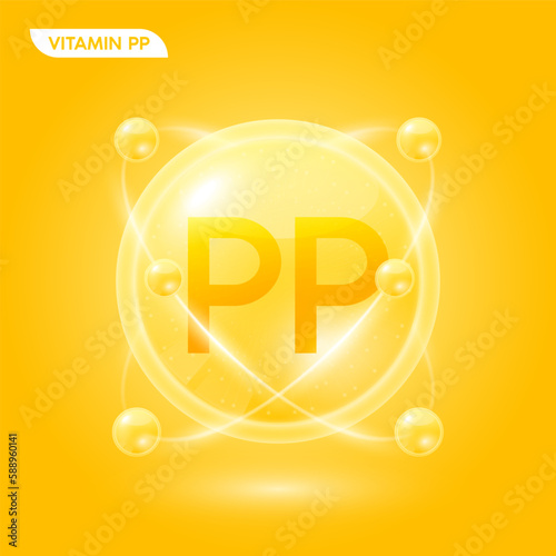 Orange vitamin PP solution. Substance for beauty cosmetic with chemical formula from nature. Collagen serum and hyaluronic acid skincare. Medical scientific concept. 3D Realistic Vector.