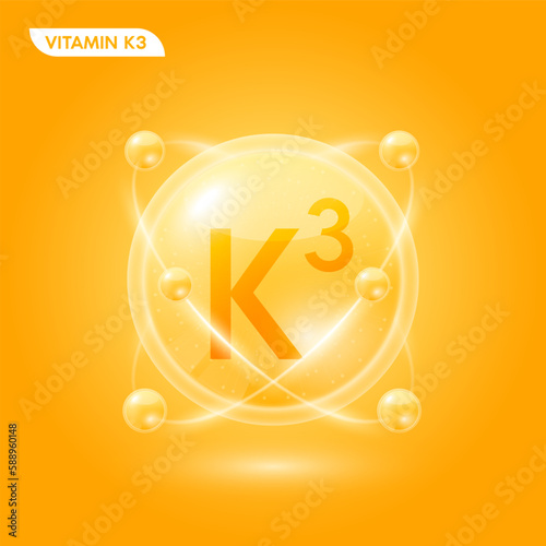 Orange vitamin K3 solution. Substance for beauty cosmetic with chemical formula from nature. Collagen serum and hyaluronic acid skincare. Medical scientific concept. 3D Realistic Vector.