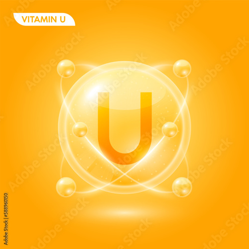 Orange vitamin U solution. Substance for beauty cosmetic with chemical formula from nature. Collagen serum and hyaluronic acid skincare. Medical scientific concept. 3D Realistic Vector.