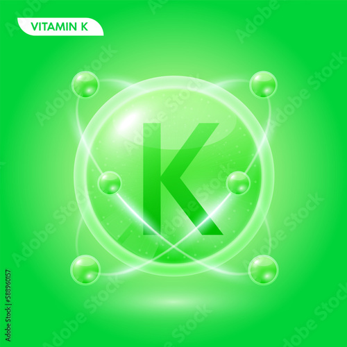 Green vitamin K solution. Substance for beauty cosmetic with chemical formula from nature. Collagen serum and hyaluronic acid skincare. Medical scientific concept. 3D Realistic Vector.