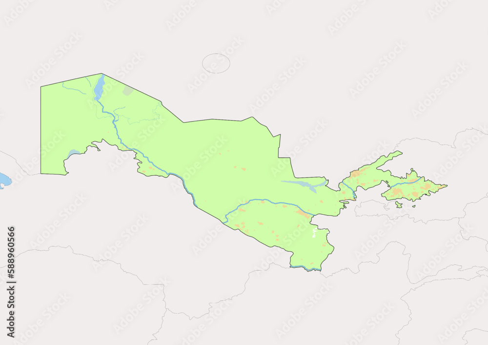 High detailed vector Uzbekistan physical map, topographic map of Uzbekistan on white with rivers, lakes and neighbouring countries. Vector map suitable for large prints and editing.