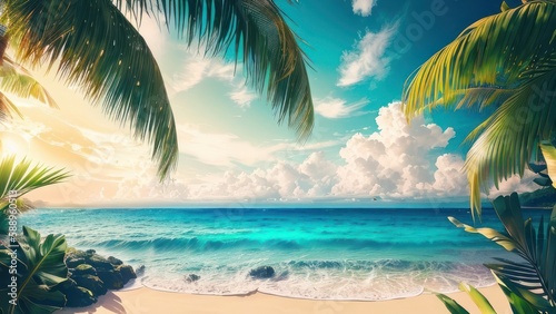 Tropical beach with ocean on background. Generative AI