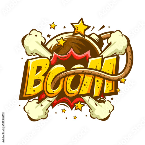 Boom isolated white comic text speech bubble. Colored pop art style sound effect. Halftone vector illustration banner. Vintage comics book poster. © anggi wibisono
