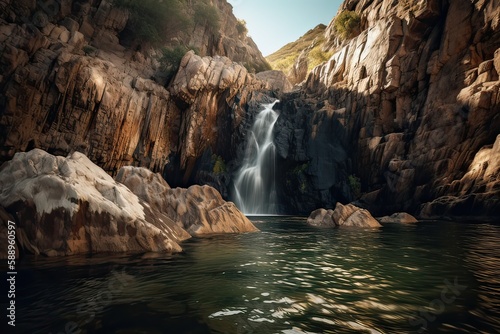 Great view on waterfall with colorful sky during sunset. Wonderful Nature landscape. Travel is a Lifestyle, concept. Iceland popular place of travel and touristic location. Generative Ai.