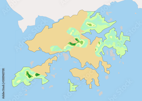 High detailed vector Hong Kong physical map, topographic map of Hong Kong on white with rivers, lakes and neighbouring countries. Vector map suitable for large prints and editing.