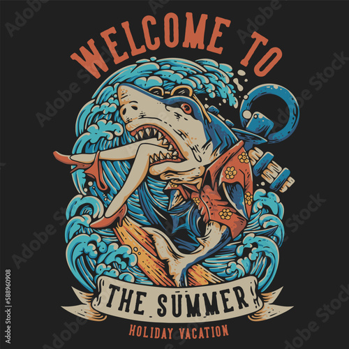 T Shirt Design Welcome To The Summer With Shark Vintage Illustration (ID: 588960908)