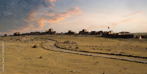 Ani ancient city. View of the historical Ani castle walls at sunrise. It is on the UNESCO world heritage list. Turkey's major touristic travel destinations. summer morning. Ani , Kars, Turkey photo