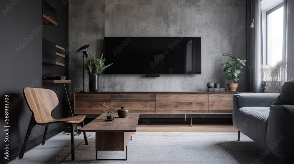 TV and wooden cabinet with gray armchair in modern living room, ai gen