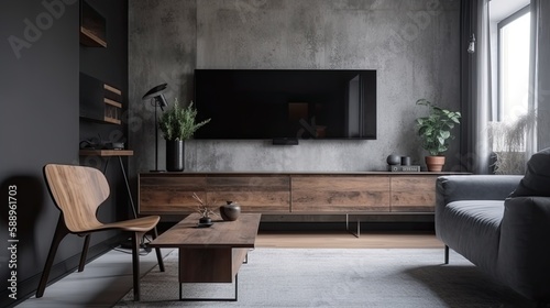 TV and wooden cabinet with gray armchair in modern living room, ai gen © dasom
