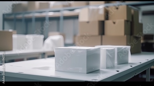 White table top blur and packing box in industrial plant   ai generated