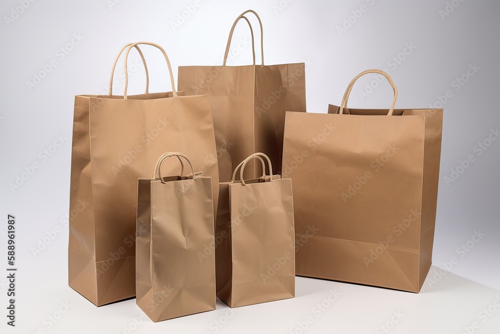 Paper bag mockups of shopping, gifts and food packages realistic vector design. White, brown and black bags or boxes, made of craft paper or cardboard with cord handle. Generative Ai. Paper bag mockups of shopping, gifts and food packages realistic vector design. White, brown and black bags or boxes, made of craft paper or cardboard with cord handle. Generative Ai.