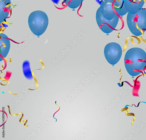Vector illustration of a birthday background with balloons, confetti and ribbons