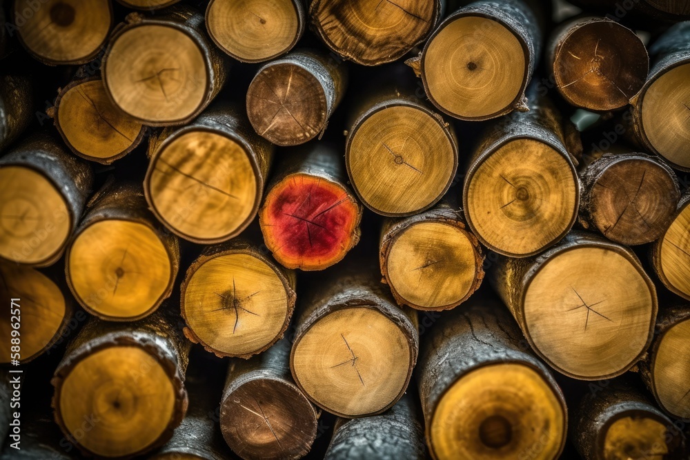 a tall stack of naturally stained wood logs. Generative AI a tall stack of naturally stained wood logs. Generative AI