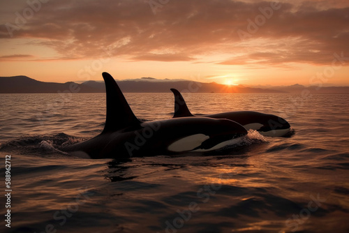 Photorealistic ai artwork of orcas or killer whales breaching the water at sunset. Generative ai. © JG Marshall