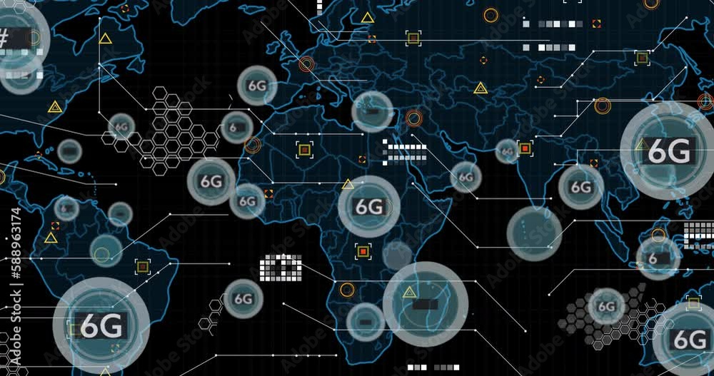 Animation of 5g and 6g text banners floating over world map against black background Animation of 5g and 6g text banners floating over world map against black background