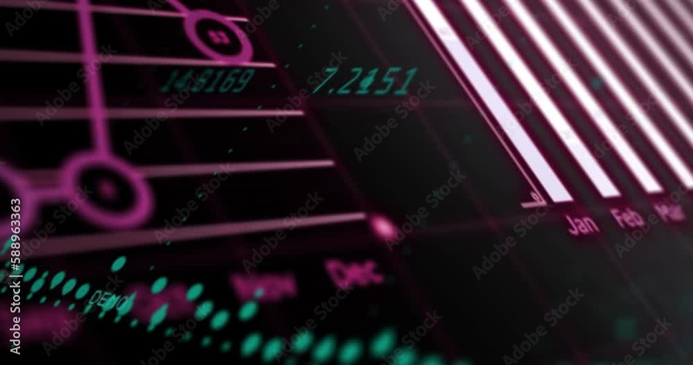 Animation of statistical data processing over spinning globe against black background Animation of statistical data processing over spinning globe against black background