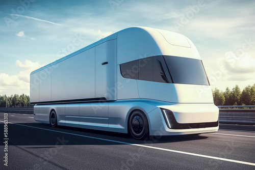 Futuristic autonomous truck on the track. Unmanned electric truck. The concept of modern logistics. Future technologies. Generative AI