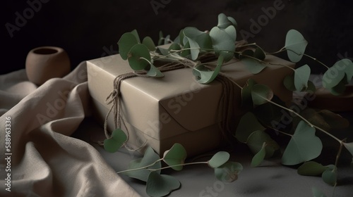 Impress Your Loved Ones with an Elegant Wrapping Box that Comes with Eucalyptus and a Dark Beige Gift Paper Box photo