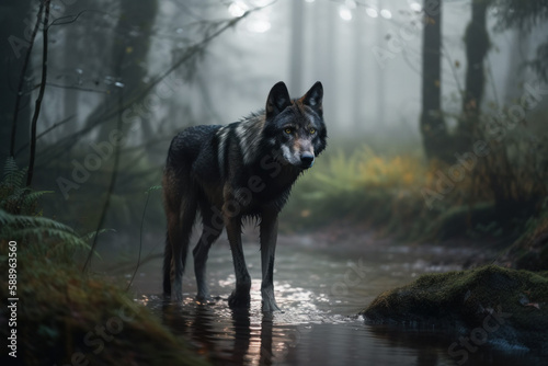 Photorealistic ai artwork of a wolf standing in a creek or river in the forest. Generative ai.