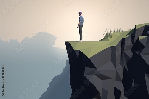 Man on edge of cliff looking into the distance, deep in thought, environmental theme, earth