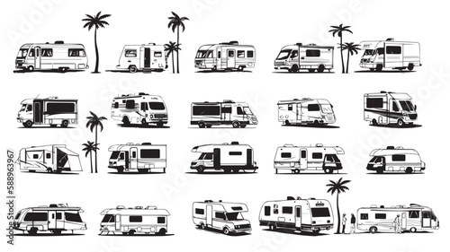 Collection of motor home black and white.line illustration of travel bus on transparent background.