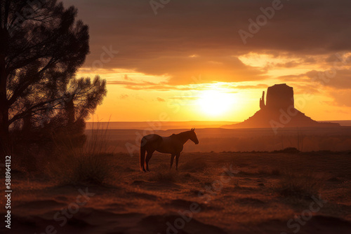 Photorealistic ai artwork of a horse silhouetted against the desert canyons at sunset or sunrise. Generative ai.