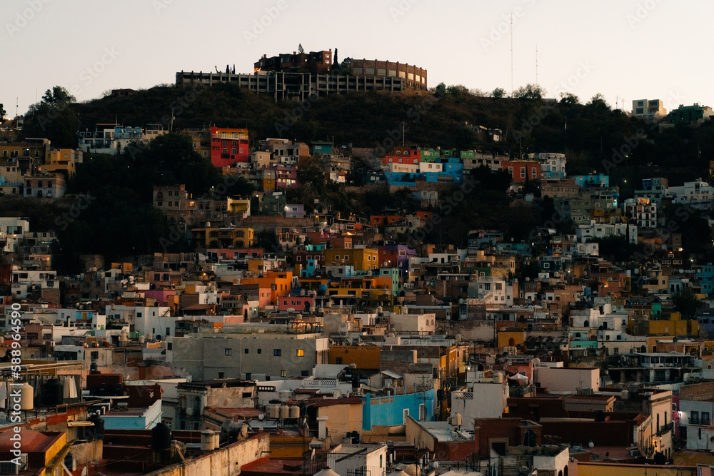 View of el pepila monument and the colorful city of Guanajuato in Mexico
